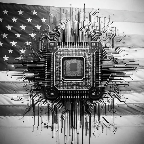 Mikrochip auf US-Flagge — Veeco Metrology, Santa Barbara